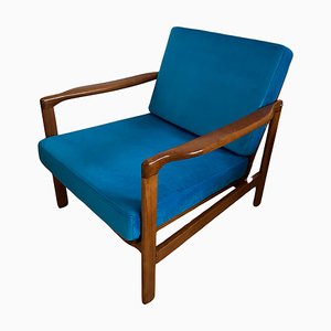 Mid-Century Armchair in Blue Velvet by Zenon Bączyk, 1960s