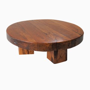 Tavolino da caffè brutalista rotondo in legno, anni '70