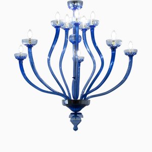 Lámpara de araña de cristal de Murano azul, años 50