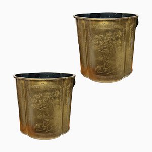 Vintage Brass Waste Paper Baskets with Engravings, Set of 2