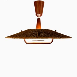 Large Rise and Fall Pendant Lamp in Teak, Raffia and Ice Glass from Temde, Switzerland, 1960s