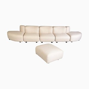 Italian Space Age Modern Modular Sofa in White-Beige Fabric with Pouf, 1970s, Set of 6