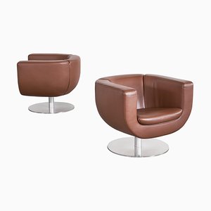 Tulip Swivel Club Chairs in Brown Leather from B&b Italia / C&b Italia, Set of 2