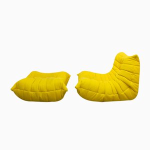 Yellow Togo Lounge Chair with Ottomon by Michel Ducaroy for Ligne Roset, 1973, Set of 2
