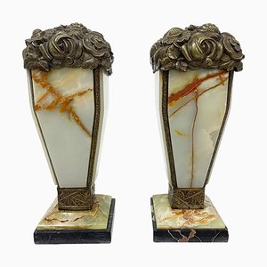 French Art Deco Bronze and Onyx Mantelpieces, 1920s, Set of 2