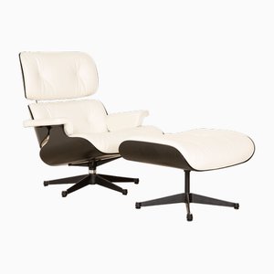 Lounge Chair with Ottoman in White Leather by Charles & Ray Eames for Vitra, Set of 2