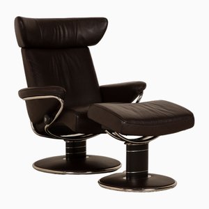 Fauteuil Jazz et Repose-Pieds en Cuir Marron Foncé de Stressless, Set de 2
