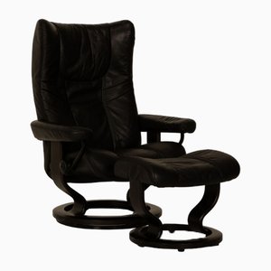 Wing Leather Armchair with Footstool in Black from Stressless, Set of 2