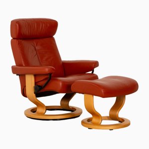 Orion Armchair with Stool in Red Leather from Stressless, Set of 2