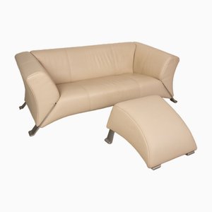 Model 322 2-Seater Sofa and Ottoman in Cream Leather from Rolf Benz, Set of 2