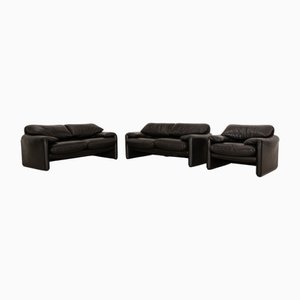 Maralunga 2-Sitzer Sofas und Sessel aus schwarzem Leder von Cassina, 3 . Set