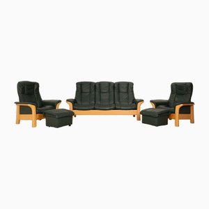 Windsor 3-Seater Sofa, Lounge Chairs and Footstools in Dark Green Leather from Stressless, Set of 5
