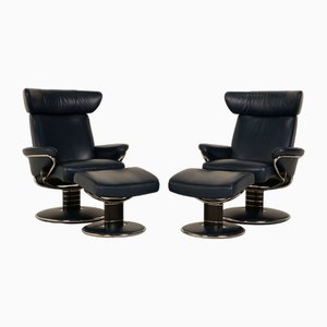Jazz Lounge Chairs in Dark Blue Leather with Footstools from Stressless, Set of 2