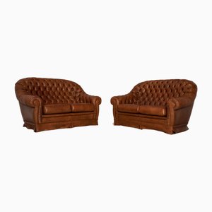 Divani a due posti Chesterfield in pelle color cognac, set di 2