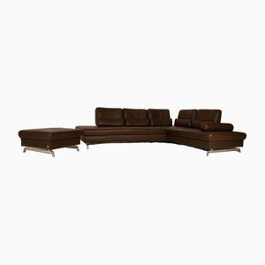 Loft Corner Sofa with Chaise Longue and Ottoman in Brown Leather from Joop!, Set of 2