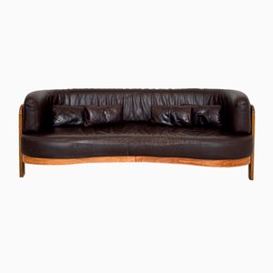 Vintage Semicircular Sofa in Beech and Brown Leather, 1980
