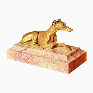 Lying Greyhound in Gilded Bronze on Marble Base by G. Carnari, 1800s