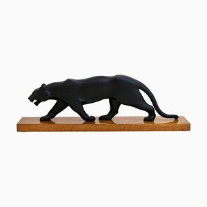 L. Houzeaux, Art Deco Panther, 1920er, Skulptur auf Eichenholzsockel