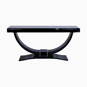French Art Deco Console Table in Black Lacquer with Metal Applications, 1930s