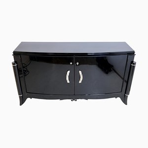 Art Deco French Sideboard in Black Piano Lacquer with Figural Handles, 1930s