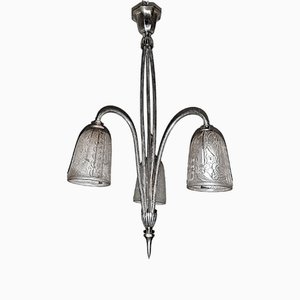 Art Deco Chandelier with Pressed Glass Shades & Nickel-Plated Fixture, France, 1930s