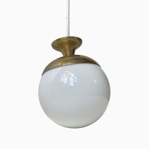 Vintage Italian Modern Pendant Lamp in Opal Glass Glass and Brass, 1960s