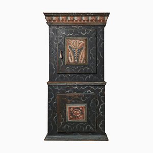 Tall Swedish Handcrafted Black Painted Pine Folk Art Cabinet