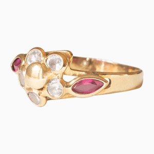 Vintage 8k Yellow Gold Flower Ring with White Glass Paste and Synthetic Rubies, 1960s