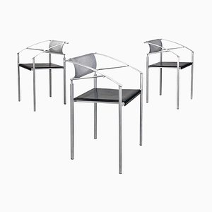 Italienische Stühle aus grauem Metall & schwarzem Leder, Fly Line Di Carrè zugeschrieben, 1990er, 3er Set