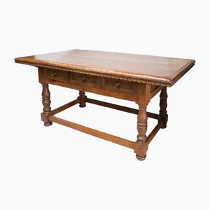 Antique Tuscan Louis XIV Center Table in Solid Walnut with Spool Legs, Early 18th Century