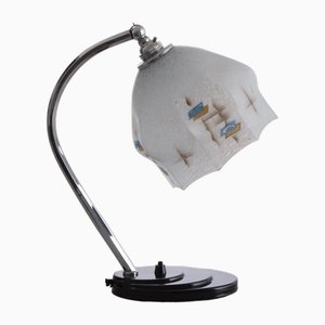 Lámpara de lectura de escritorio Art Déco con cuello de cisne y pantalla geométrica original, años 30