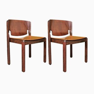 Model 122 Chairs in Walnut and Leather by Vico Magistretti for Cassina, 1967, Set of 4