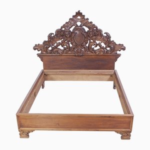 Double Bed in Walnut with Carved Frame, Italy, Late 1800s