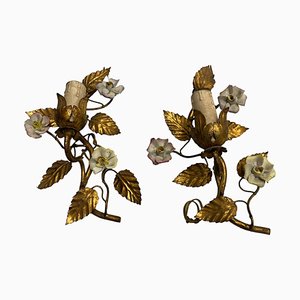Florentine Gilded Tole Flower Sconces, 1960s, Set of 2