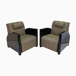Set of Art Deco Club Chairs in Black Lacquer and Golden Upholstery, 1930s