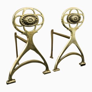 Art Nouveau English Brass Andirons, 1890s, Set of 2