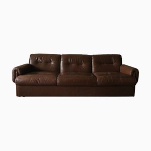 Mid-Century 3-Seater Sofa in Stitched Brown Leather, 1970s
