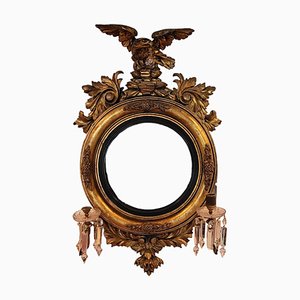 Eagle Carved Gilt Wood Convex Mirror with Candleholders, England, 1800s