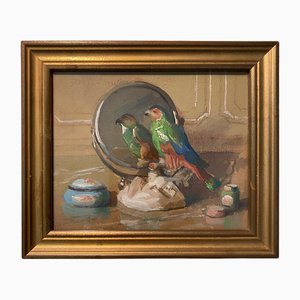 Jane Nérée-Gautier, Bodegón con pájaro, Gouache sobre cartón, años 20, enmarcado