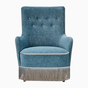 Danish Armchair in Original Upholstery & Light Blue Velour, 1960s