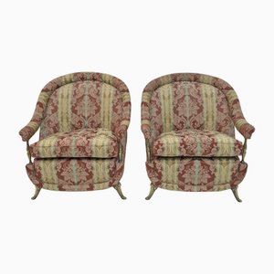 Set of Art Deco Style French Brass and Fabric Armchairs, 1950s