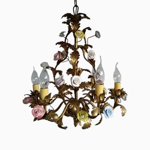 Italian Flower Tole Chandelier with Capodimonte Porcelain Roses and Leaves, 1960s