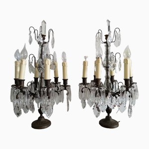 Grandes Lampes de Bureau Girandole Antiques avec Cristaux, France, Set de 2