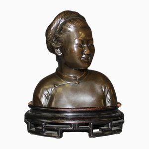 Vietnamese Bust of Young Woman in Bronze, 1930