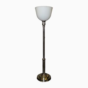 Large Art Deco Lamp in Nickel-Plated Brass and Opaline Glass