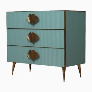 Comò Mid-Century quadrato in vetro azzurro e ottone