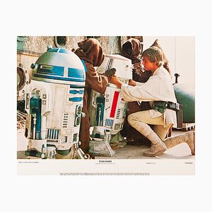Carta della lobby di Star Wars vintage originale con Luke Skywalker, R2D2, R5D4 e Jawas, 1977