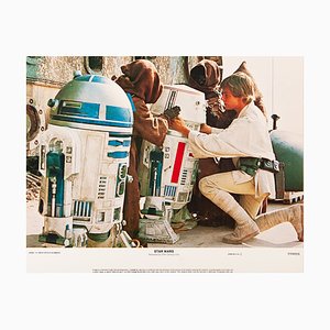 Tarjeta de vestíbulo de Star Wars original vintage con Luke Skywalker, R2D2, R5D4 y Jawas, 1977