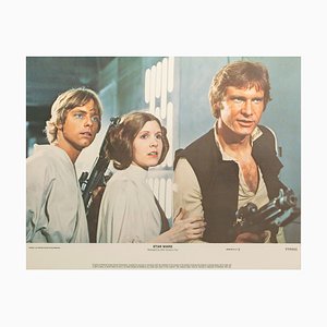 Tarjeta de vestíbulo de Star Wars original vintage con Luke Skywalker, la princesa Leia y Han Solo, 1977