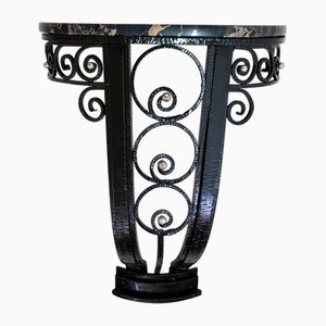 Art Deco French Black Lacquered Wrought Iron Console Table with Marble, 1930s